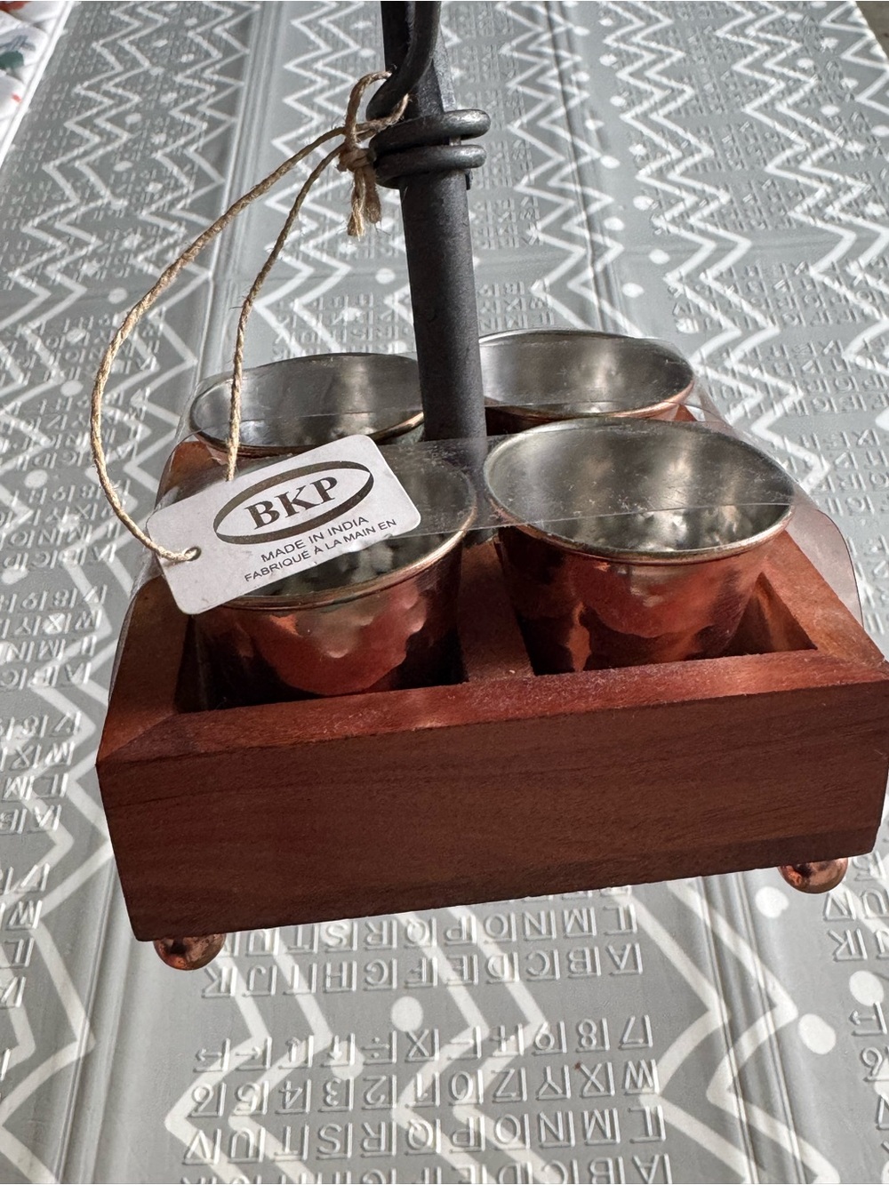 Copper Finish Condiment Caddy with Wooden Base - Brown